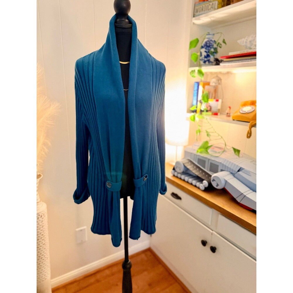 Sonoma Life Style Teal Ribbed Open Front Cardigan Sweater Shawl Collar XL